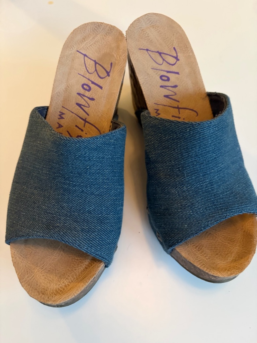 Blowfish Denim-Textured Blue Open-Toe Slide Wedges